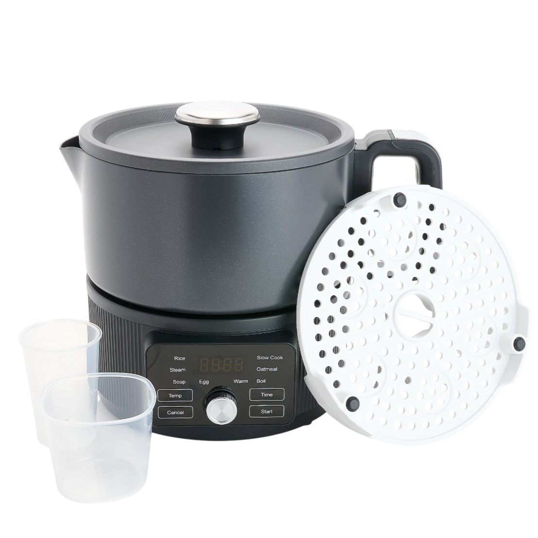 Multi-functional cooker with control panel for various settings, includes steaming tray and measuring cups. Functions include rice cooking, slow cooking, soup making, steaming, warming, boiling, and more.