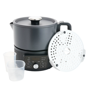 Multi-functional cooker with control panel for various settings, includes steaming tray and measuring cups. Functions include rice cooking, slow cooking, soup making, steaming, warming, boiling, and more.