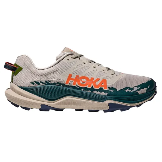 Trail running shoe with a beige mesh upper, teal and orange accents, and a rugged sole for enhanced grip.
