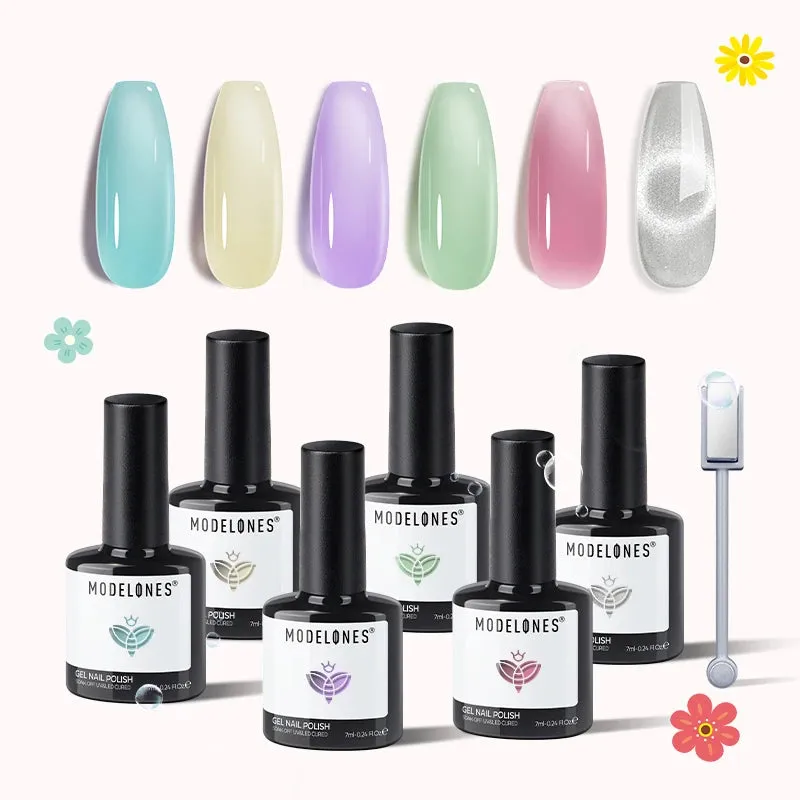 Modelones gel nail polish set includes six colors: teal, pastel yellow, lavender, mint green, pink, and metallic silver.