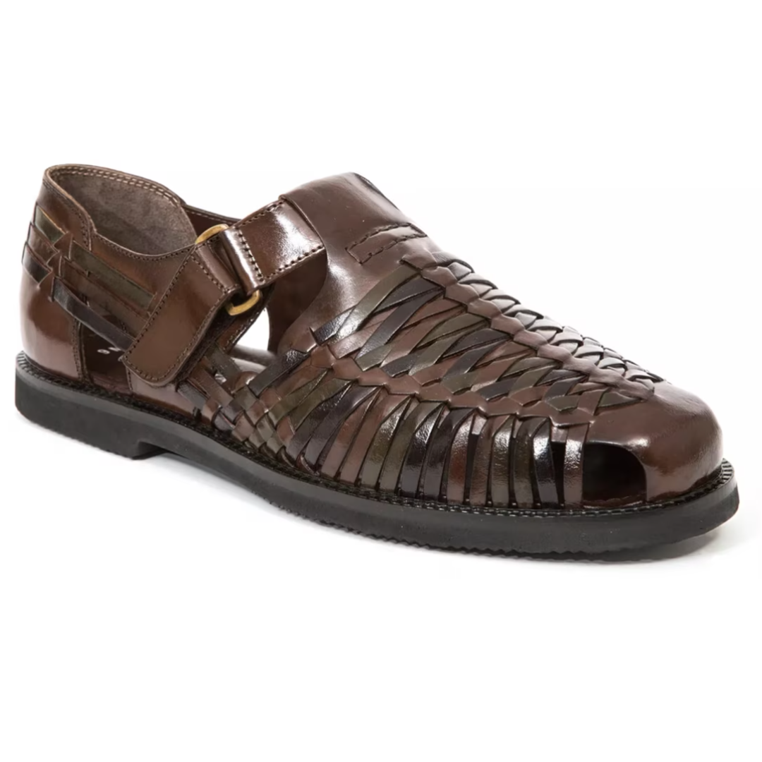Brown woven leather huarache sandals with closed toes, adjustable strap, and flat black sole.
