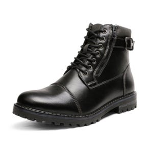 A black leather lace-up ankle boot with a side zipper, buckle, and chunky treaded sole.