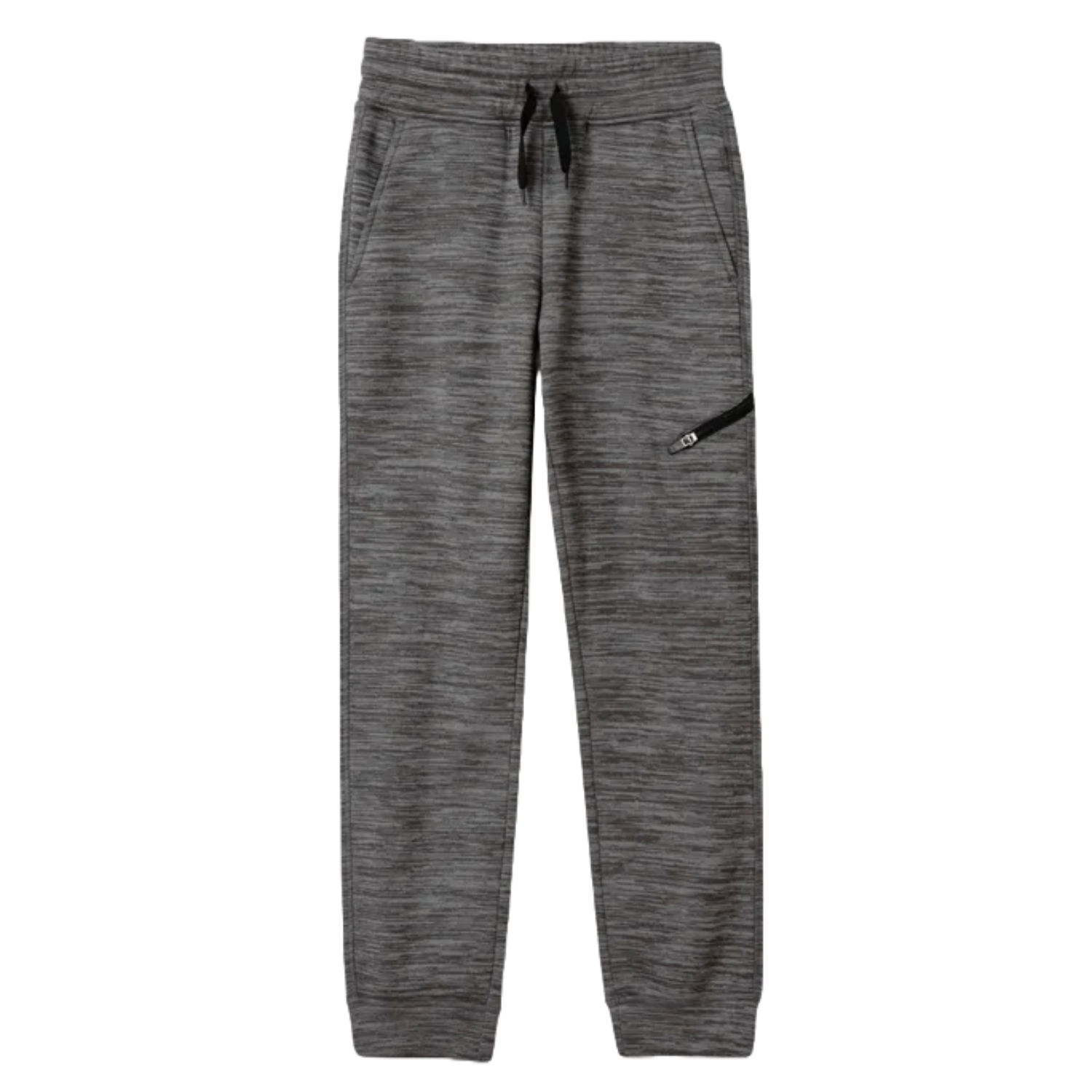Gray joggers with a drawstring waistband and side pockets, featuring a subtle horizontal texture and a small zipper pocket on one side.