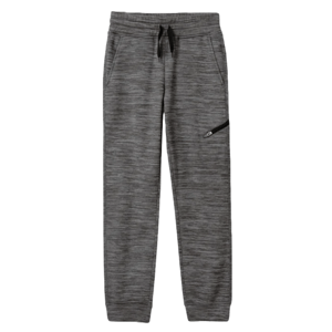 Gray joggers with a drawstring waistband and side pockets, featuring a subtle horizontal texture and a small zipper pocket on one side.