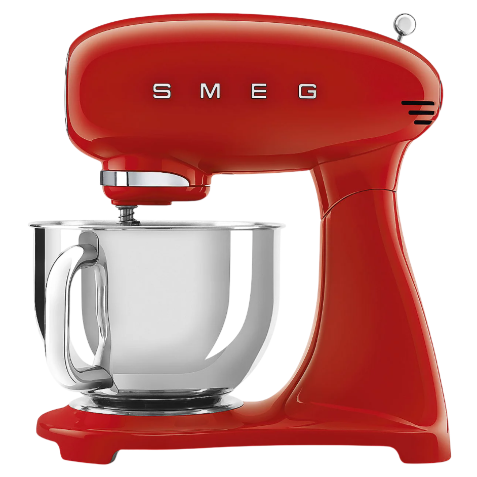 Red SMEG stand mixer with a stainless steel bowl and retro design.