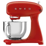 Red SMEG stand mixer with a stainless steel bowl and retro design.