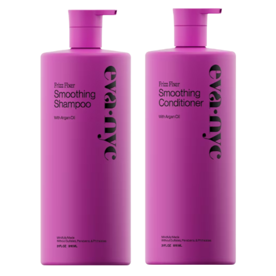 Eva NYC Frizz Fixer Smoothing Shampoo and Conditioner with Argan Oil, 33.8 fl. oz each, packaged in purple bottles.