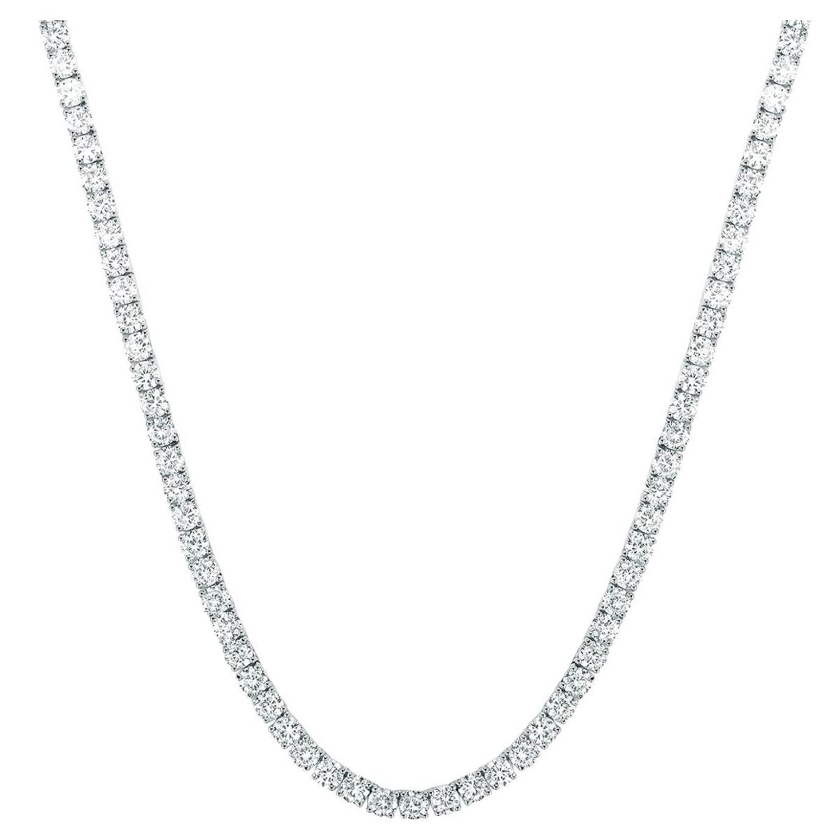 A 14K white gold-plated tennis necklace featuring a continuous line of round, sparkling stones, conveying elegance and simplicity in design.