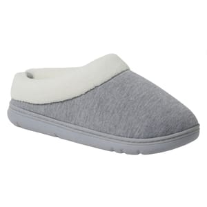 A gray slip-on slipper with a white fleece collar and a rubber sole.