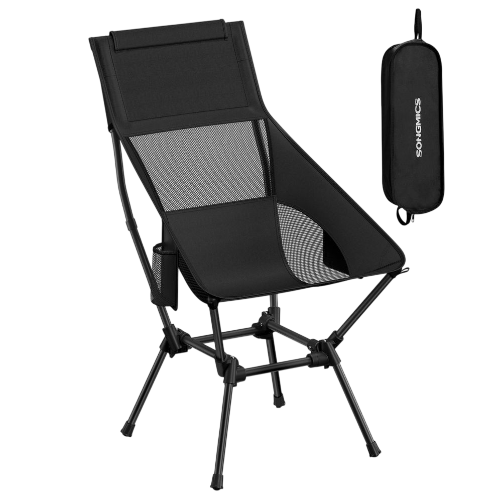 Folding portable camping chair with a high back and mesh panels for ventilation, accompanied by a compact carrying bag.