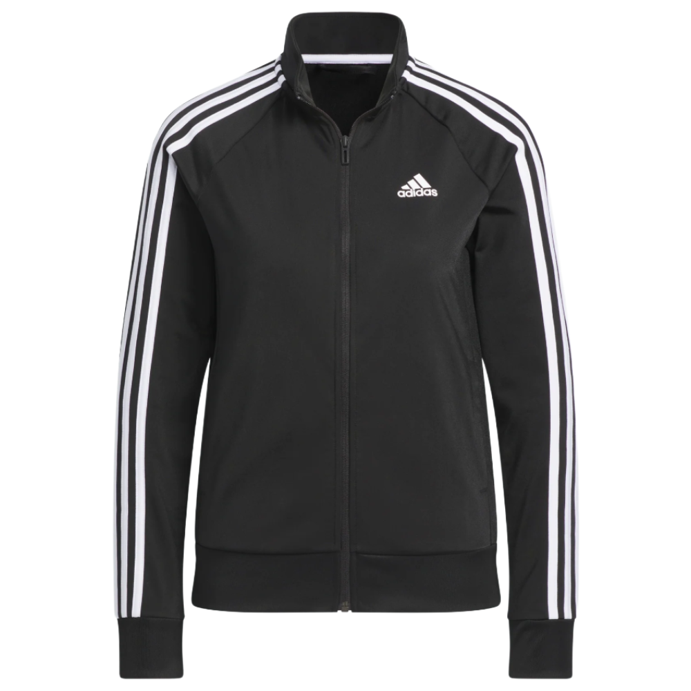 A black Adidas track jacket featuring white stripes on the sleeves and the Adidas logo on the chest.