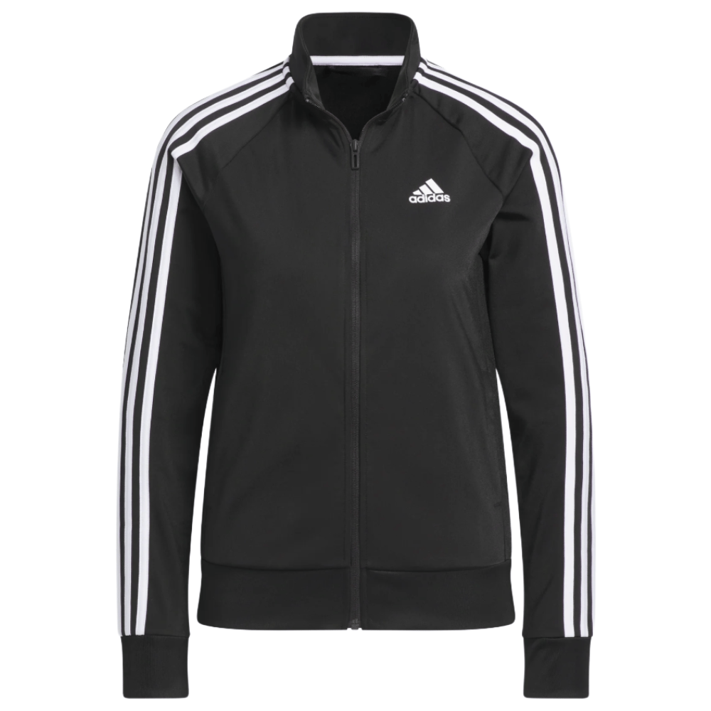 A black Adidas track jacket featuring white stripes on the sleeves and the Adidas logo on the chest.