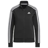 A black Adidas track jacket featuring white stripes on the sleeves and the Adidas logo on the chest.