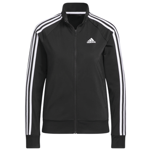 A black Adidas track jacket featuring white stripes on the sleeves and the Adidas logo on the chest.