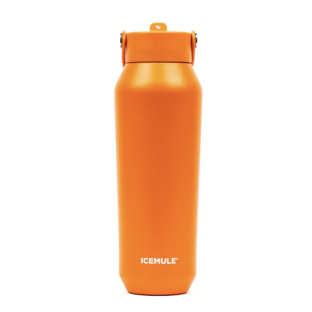An orange ICEMULE insulated bottle with a flip-top lid, designed for keeping beverages hot or cold.