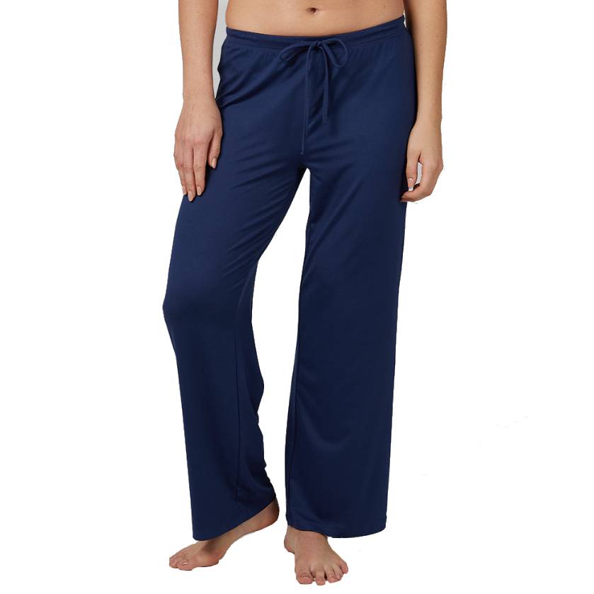 Navy blue women's sleep pants made from a soft, lightweight fabric with a relaxed fit and drawstring waist for comfort.
