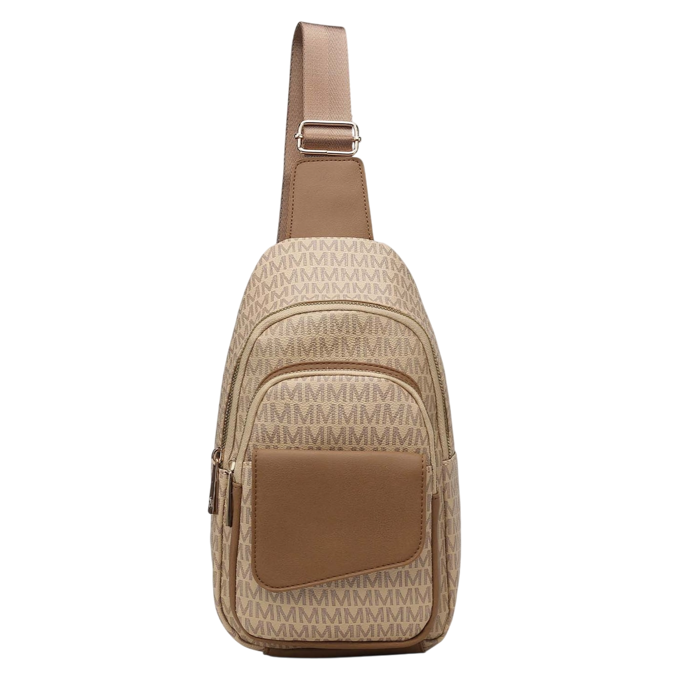 Beige sling bag with a monogram \“M\“ pattern, featuring a front zip pocket and an adjustable strap.