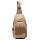Beige sling bag with a monogram \“M\“ pattern, featuring a front zip pocket and an adjustable strap.