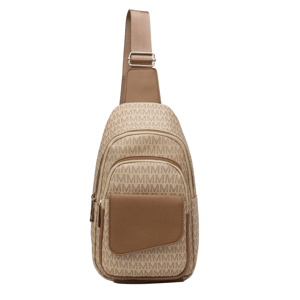 Beige sling bag with a monogram \“M\“ pattern, featuring a front zip pocket and an adjustable strap.