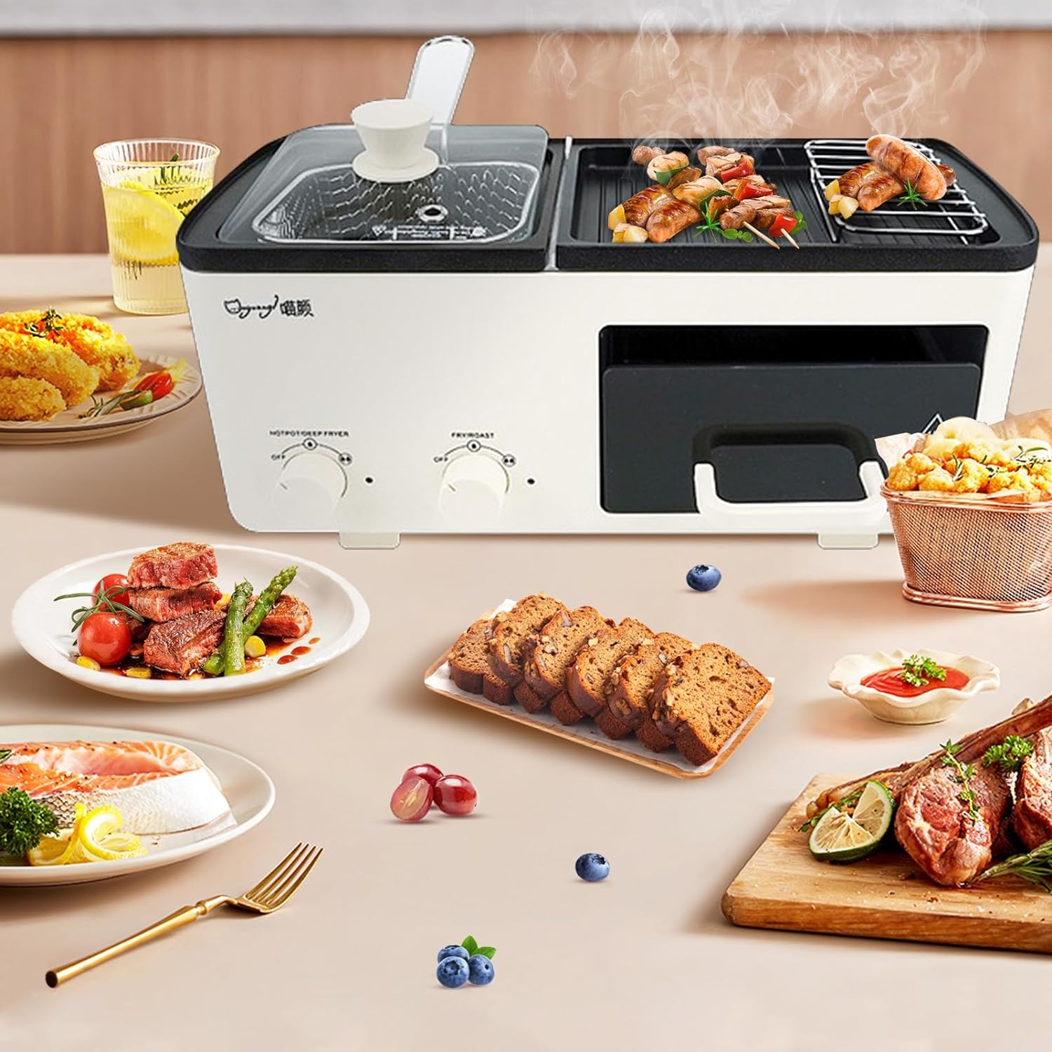 A multifunctional appliance featuring a deep fryer with a glass lid and a grill section for cooking. Surrounded by various foods, including meats, bread, and vegetables, highlighting its versatility.