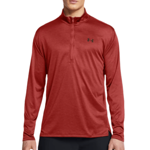 Red, long-sleeve Under Armour 1/2-zip pullover with a small logo on the chest.