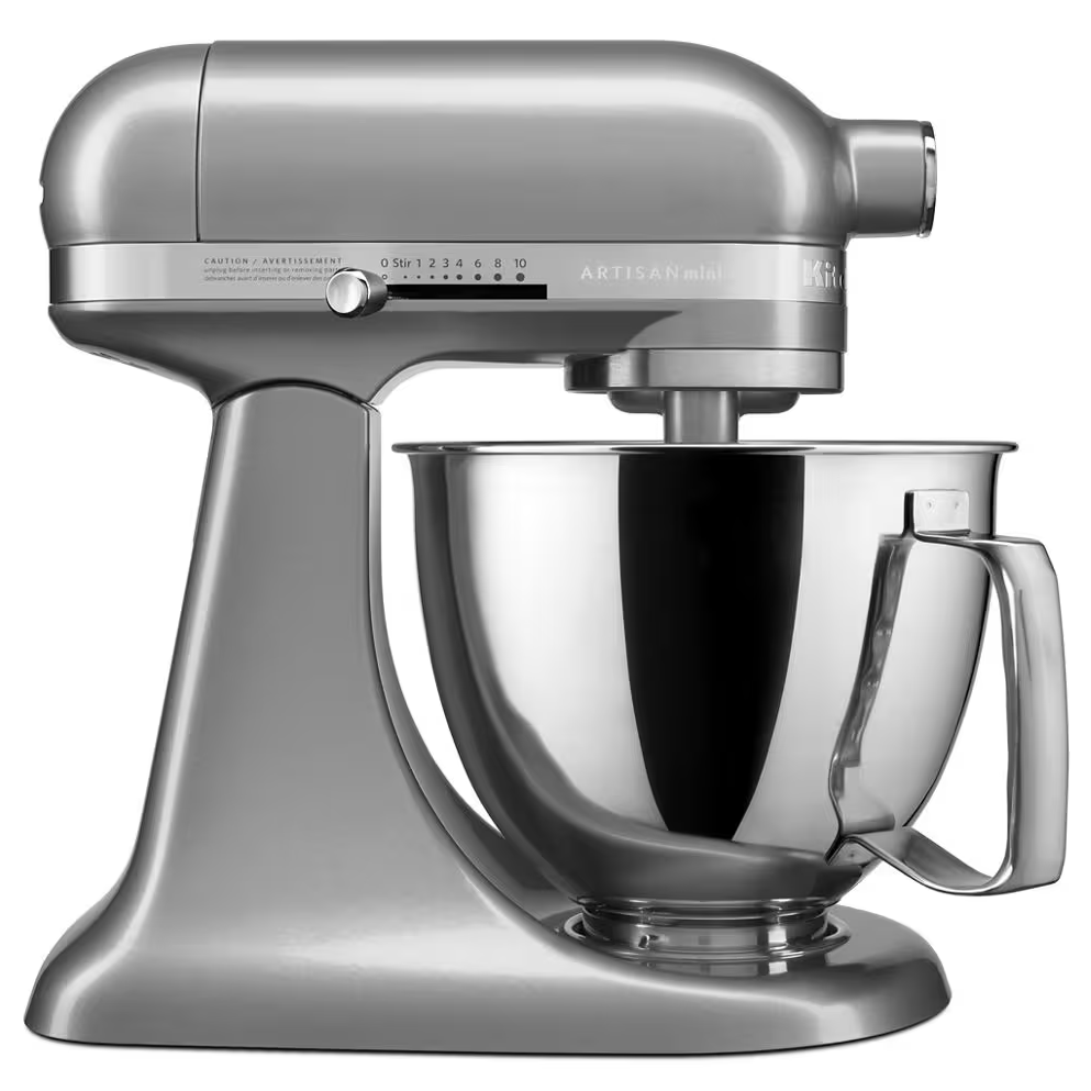 A metallic gray stand mixer with a stainless steel bowl, featuring adjustable speed settings and a sleek design.