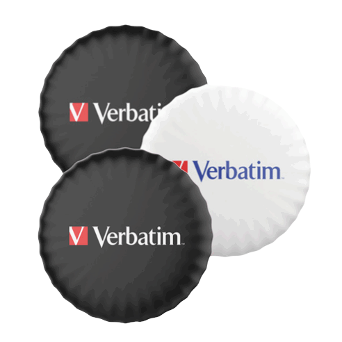 Black and white Verbatim-branded frisbees with distinct wavy edges.