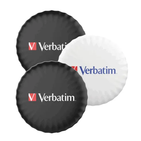 Black and white Verbatim-branded frisbees with distinct wavy edges.