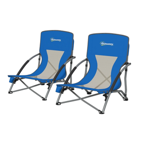 Two blue and gray portable camping chairs with armrests and a cup holder, featuring the \“Outsunny\“ logo. They have a low-profile design ideal for outdoor use.