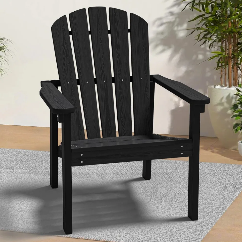 Black Adirondack chair with a slatted backrest, wide armrests, and set on a light gray rug.