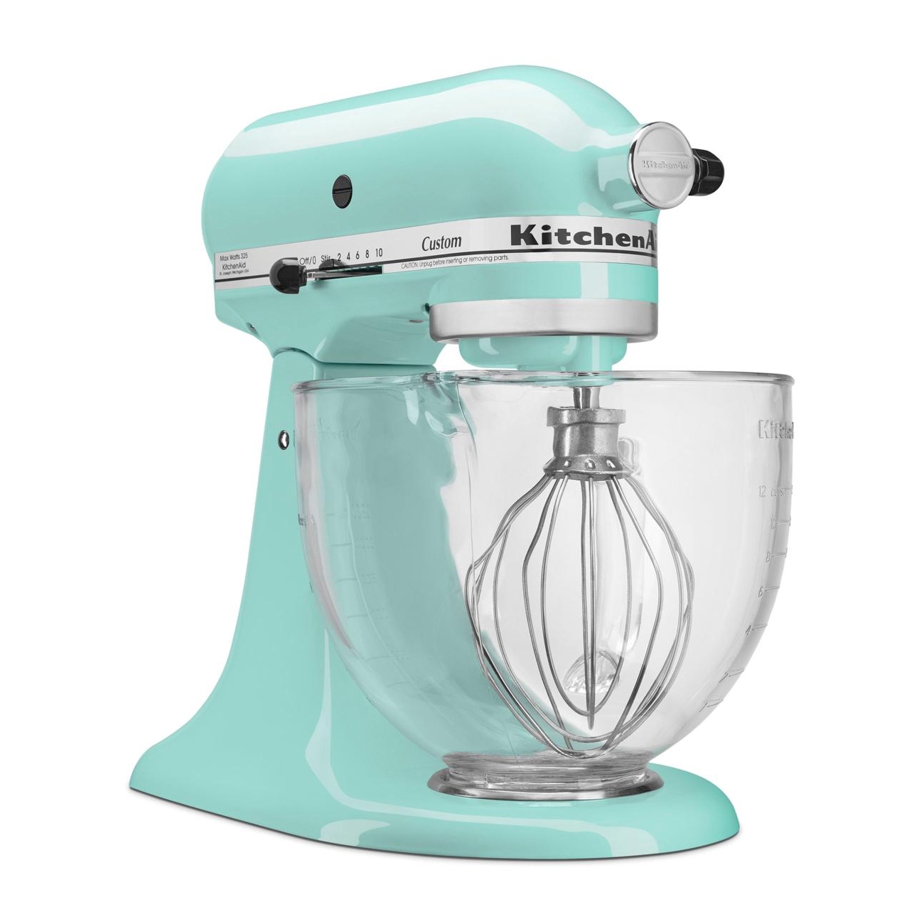 A mint green KitchenAid stand mixer featuring a clear glass mixing bowl and a metal whisk attachment, designed for various mixing tasks.