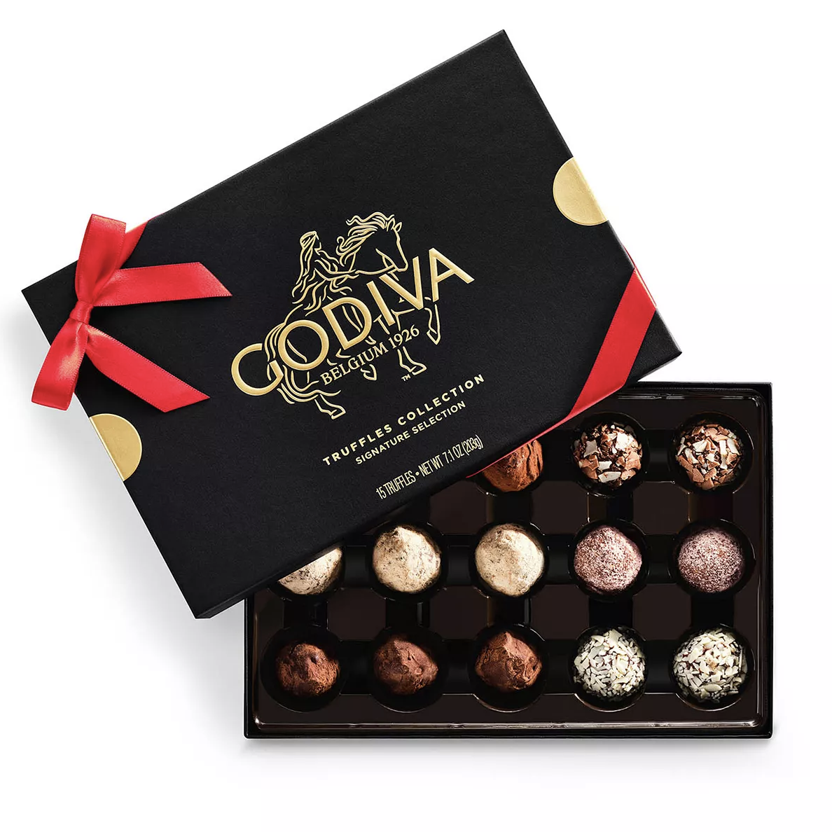 Box of Godiva chocolates: a black package adorned with a red ribbon and gold accents, featuring 15 assorted truffles in various coatings.