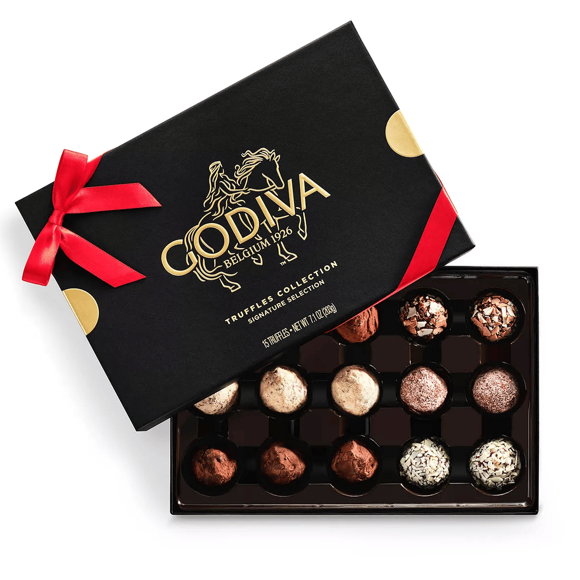 Box of Godiva chocolates: a black package adorned with a red ribbon and gold accents, featuring 15 assorted truffles in various coatings.