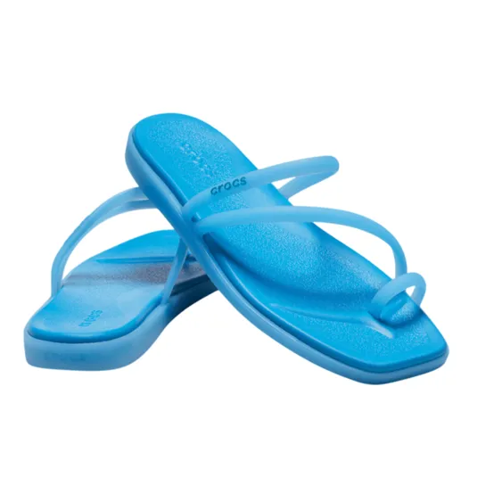 Bright blue Crocs sandals featuring a minimalist design with thin straps and a toe loop.