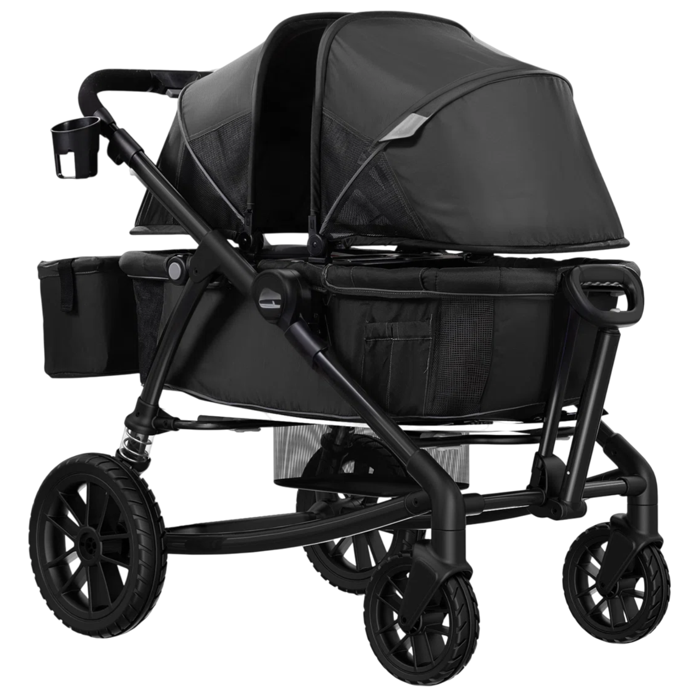 Black double stroller with a sleek design, featuring two canopies, a cup holder, storage compartments, and four wheels for easy maneuverability.
