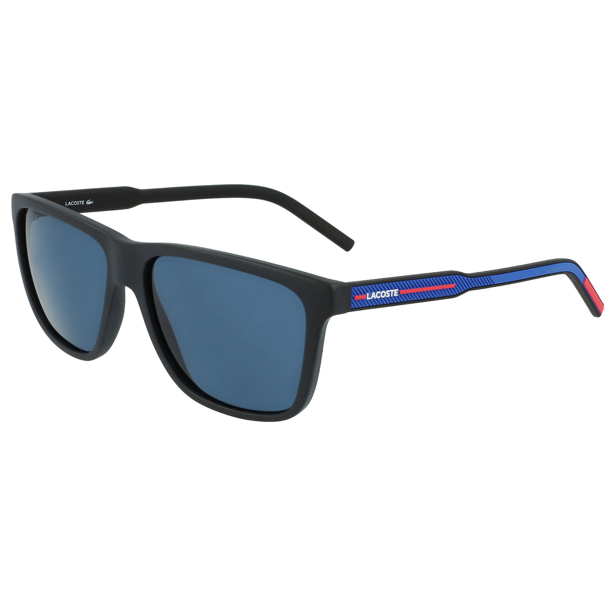 Lacoste Sport sunglasses feature a black frame with blue lenses and branded detailing on the arms in blue and red. The design is sleek and sporty.