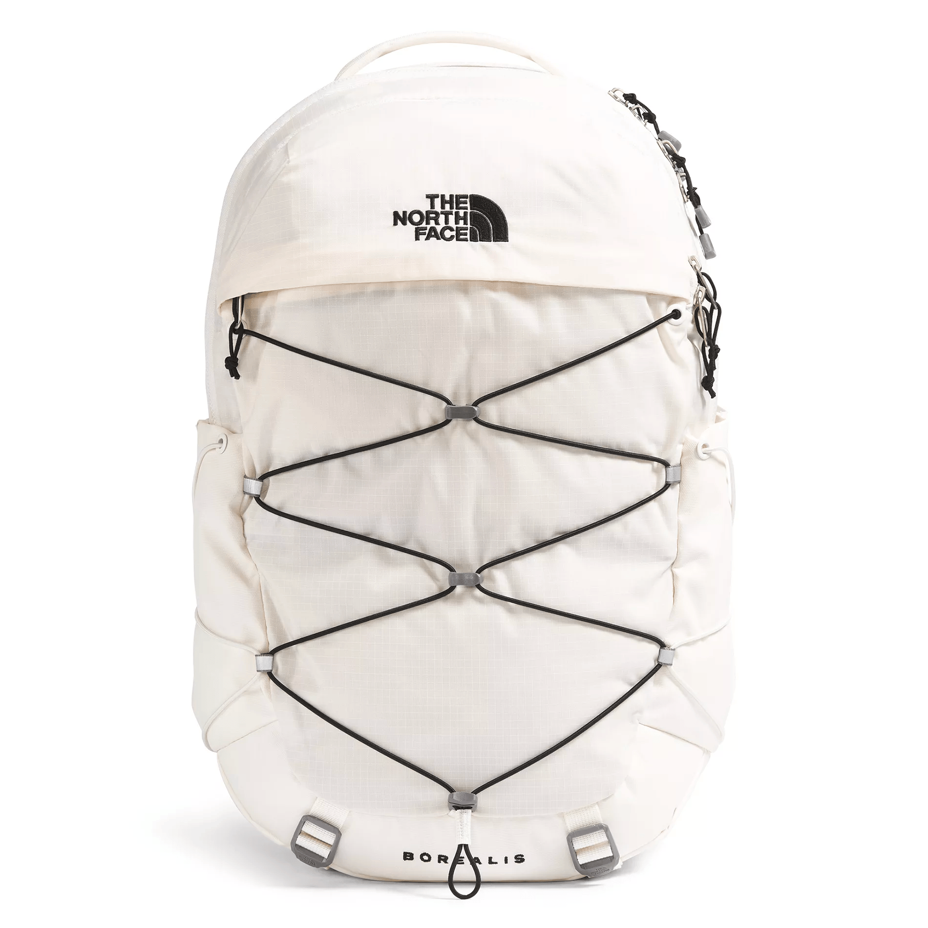 White North Face Borealis backpack with black bungee cords and branding, featuring a zippered front pocket and top handle.