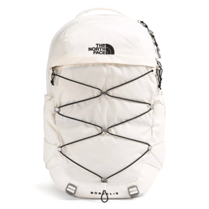 White North Face Borealis backpack with black bungee cords and branding, featuring a zippered front pocket and top handle.