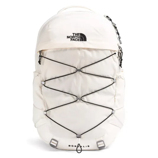 White North Face Borealis backpack with black bungee cords and branding, featuring a zippered front pocket and top handle.