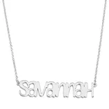 A silver necklace featuring the name \“Savannah\“ in a stylized script as a pendant. It includes a delicate link chain.