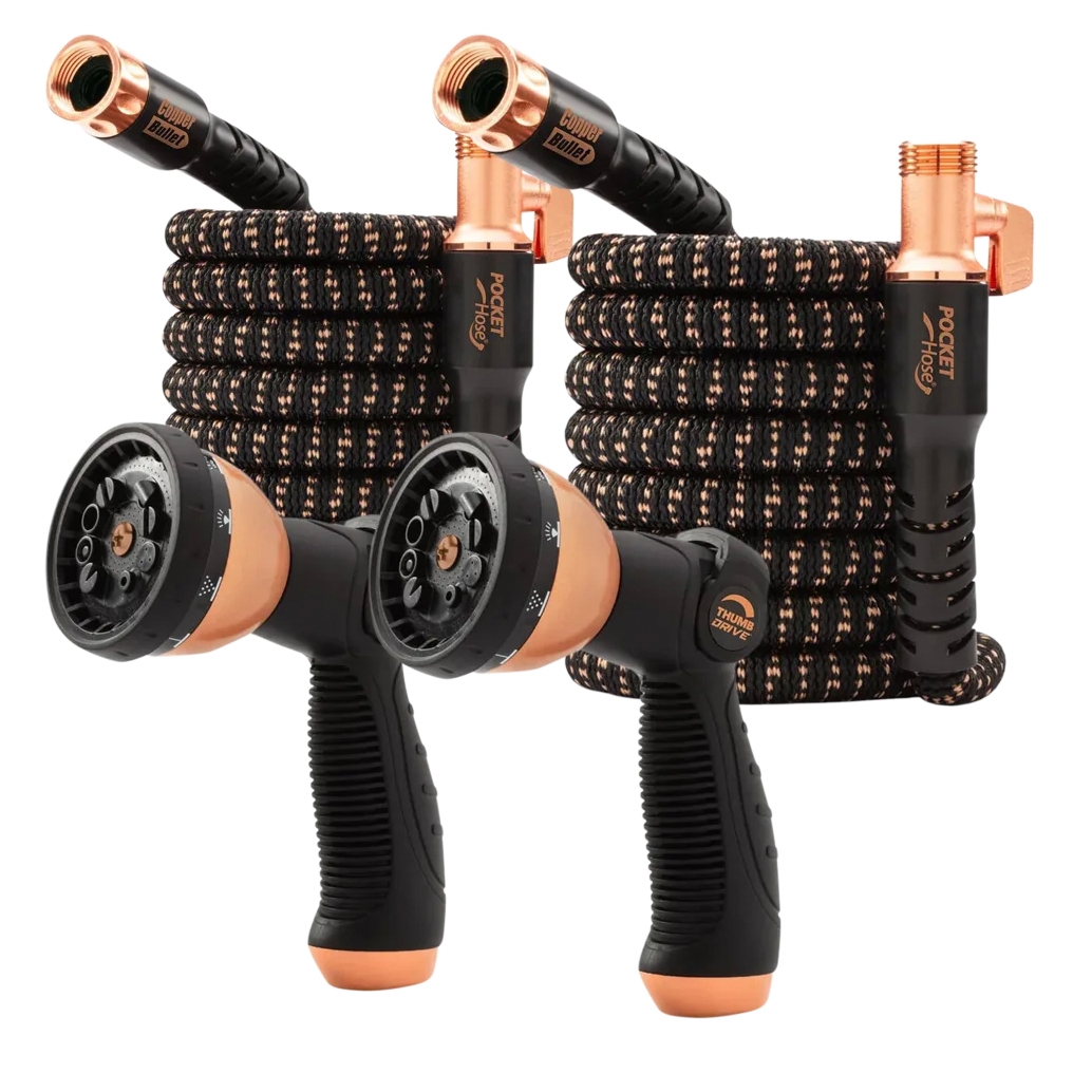 2-pack of 25-foot expandable hoses with copper fittings, featuring black and copper braided design. Includes two black spray nozzles with adjustable settings and ergonomic grips.
