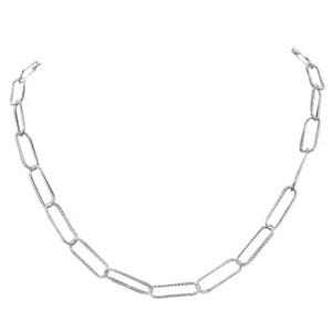 Silver tone paperclip chain necklace featuring elongated links.