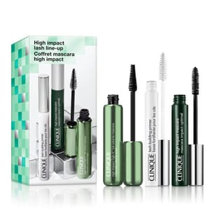 Clinique 3pc Full Size Mascara Set includes a High Impact Mascara in black, a white Lash Building Primer, and another High Impact Mascara in green packaging.