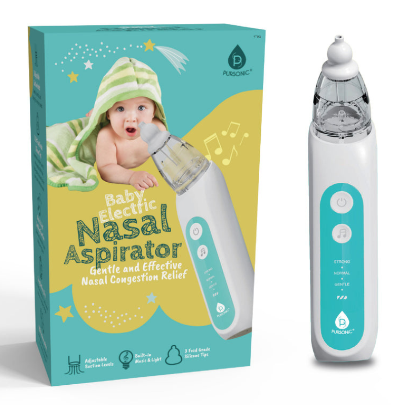 Baby Electric Nasal Aspirator by Pursonic for nasal congestion relief, featuring adjustable suction levels, built-in music and light, and three food-grade silicone tips.
