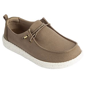 A casual taupe-colored slip-on shoe with a speckled white sole and simple lacing design, featuring metal eyelets and a pull tab at the heel.