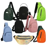 Various backpacks and sling bags in different colors and styles are displayed, including black, blue, pink, green, orange, and metallic gold with patterns.
