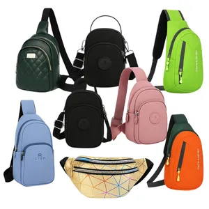 Various backpacks and sling bags in different colors and styles are displayed, including black, blue, pink, green, orange, and metallic gold with patterns.