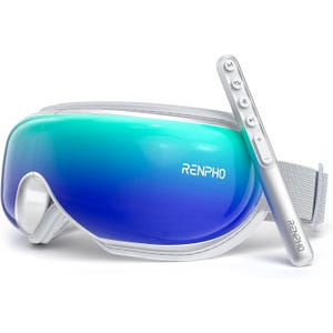 Renpho eye massager with a sleek, gradient blue design and a separate remote control featuring multiple buttons for operation.