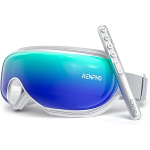 Renpho eye massager with a sleek, gradient blue design and a separate remote control featuring multiple buttons for operation.