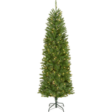 Artificial pre-lit slim Christmas tree with built-in lights, featuring a green fibrous appearance and a sturdy metal stand.